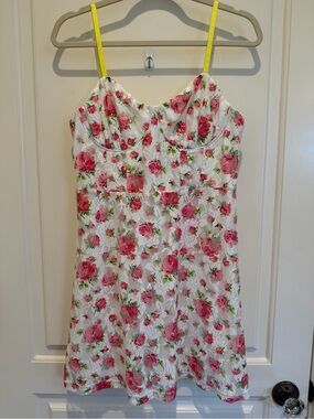 Betsey Johnson White Floral Mini Dress with Pink Roses and Yellow Straps